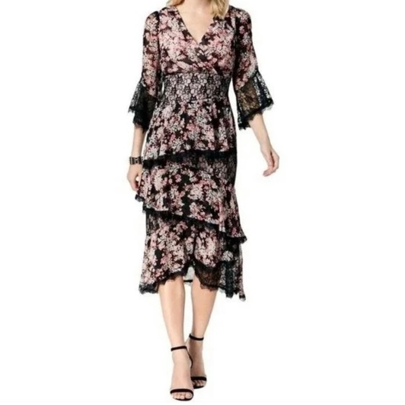 🌹JAX BLACK LABEL FLORAL BLACK LACE V NECK DRESS - Picture 1 of 13